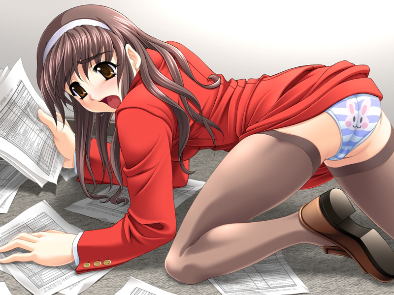 ikeda yasuhiro, hasebe yuuko, the mensetsukan, game cg, 1girl, all fours, animal print, black thighhighs, blue panties, brown eyes, brown hair, coat, female focus, hairband, long hair, long legs, panties, print panties, rabbit panties, rabbit print, school uniform, shoes, solo, striped clothes, striped panties, thighhighs, underwear