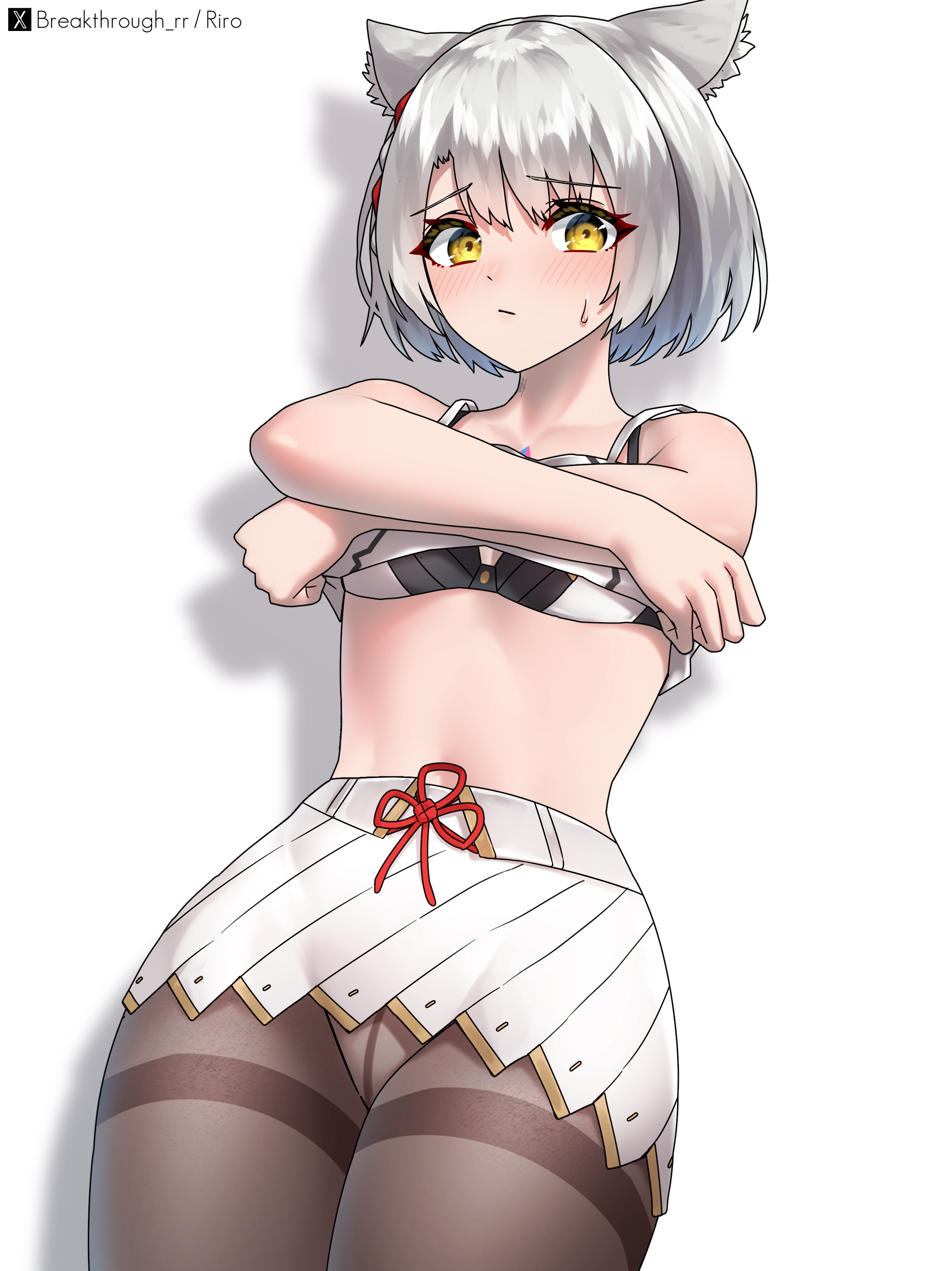 riro (breakthrough rr), mio (xenoblade), xenoblade chronicles (series), xenoblade chronicles 3, absurdres, highres, 1girl, animal ears, bob cut, bra, braid, camisole, cat ears, chest jewel, clothes lift, grey hair, high-waist skirt, miniskirt, panties, panties under pantyhose, pantyhose, shirt lift, single braid, skirt, solo, sweatdrop, underwear, undressing, white camisole, white skirt, yellow eyes