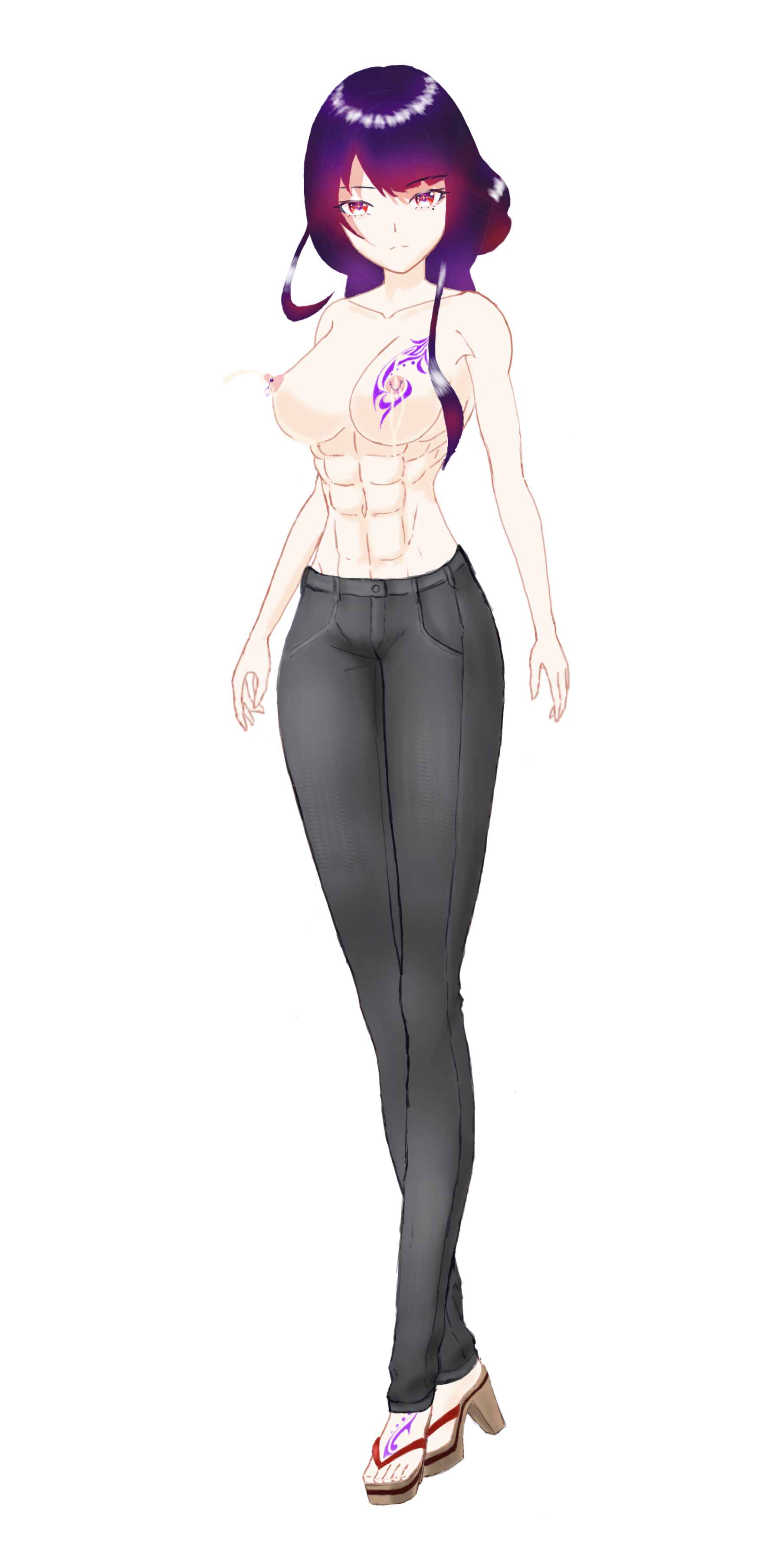 raiden shogun, genshin impact, absurdres, highres, non-web source, 1girl, abs, black hair, breast tattoo, breasts, denim, feet, high heels, jeans, kuudere, lactation, large breasts, muscular, muscular female, nipple piercing, pants, piercing, purple hair, red eyes, tattoo, topless female