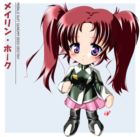 meyrin hawke, gundam, gundam seed, gundam seed destiny, lowres, 00s, blush, chibi, chibi only, purple eyes, red hair, solo, twintails