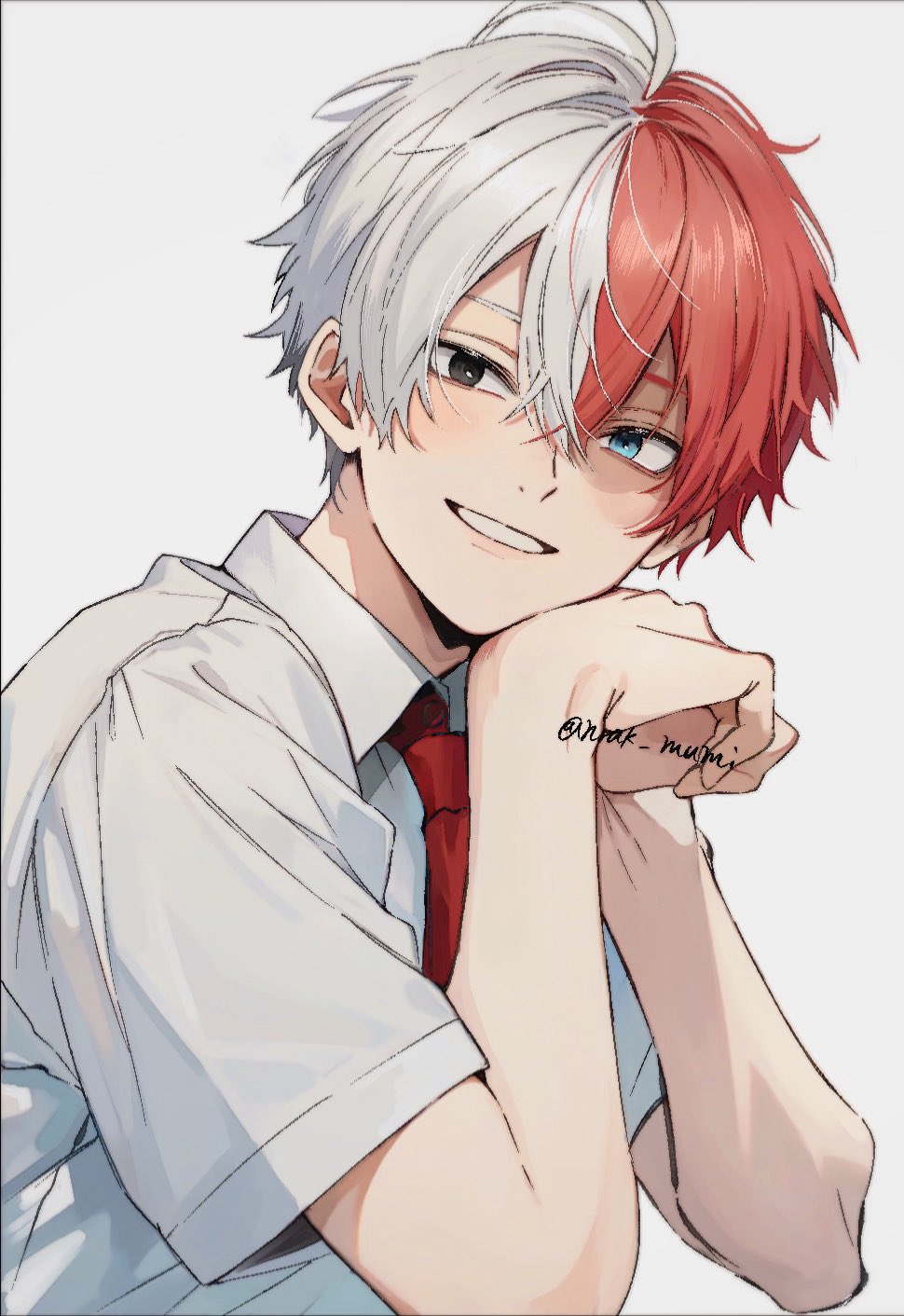hrak mumi, todoroki shoto, boku no hero academia, highres, 1boy, blue eyes, collared shirt, crossed bangs, grey eyes, hair between eyes, heterochromia, light blush, looking at another, male focus, multicolored hair, necktie, own hands together, parted lips, red hair, red necktie, school uniform, shirt, short hair, smile, solo, two-tone hair, u.a. school uniform, upper body, white background, white hair, white shirt