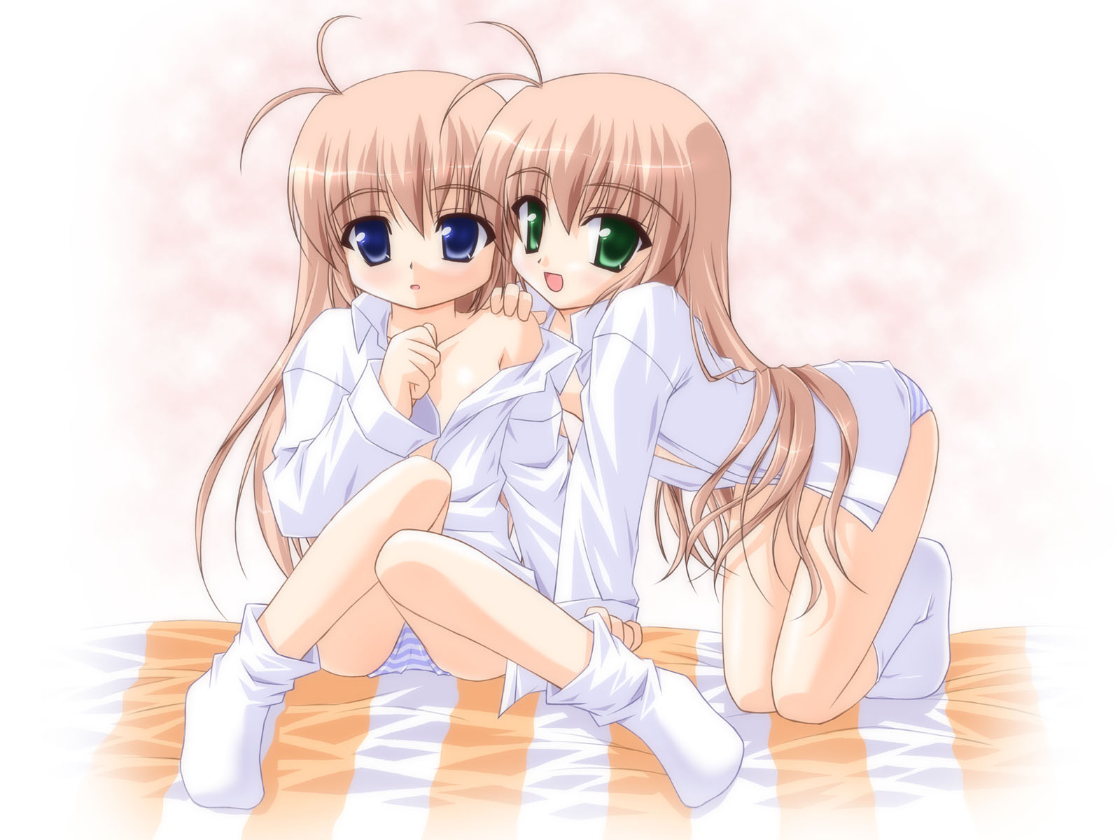 mizuki saori, mizuki shiori, hajimete no orusuban, nanami to konomi no oshiete abc, artist request, highres, 2girls, antenna hair, loli, multiple girls, panties, siblings, sisters, socks, striped clothes, striped panties, twins, underwear, yuri
