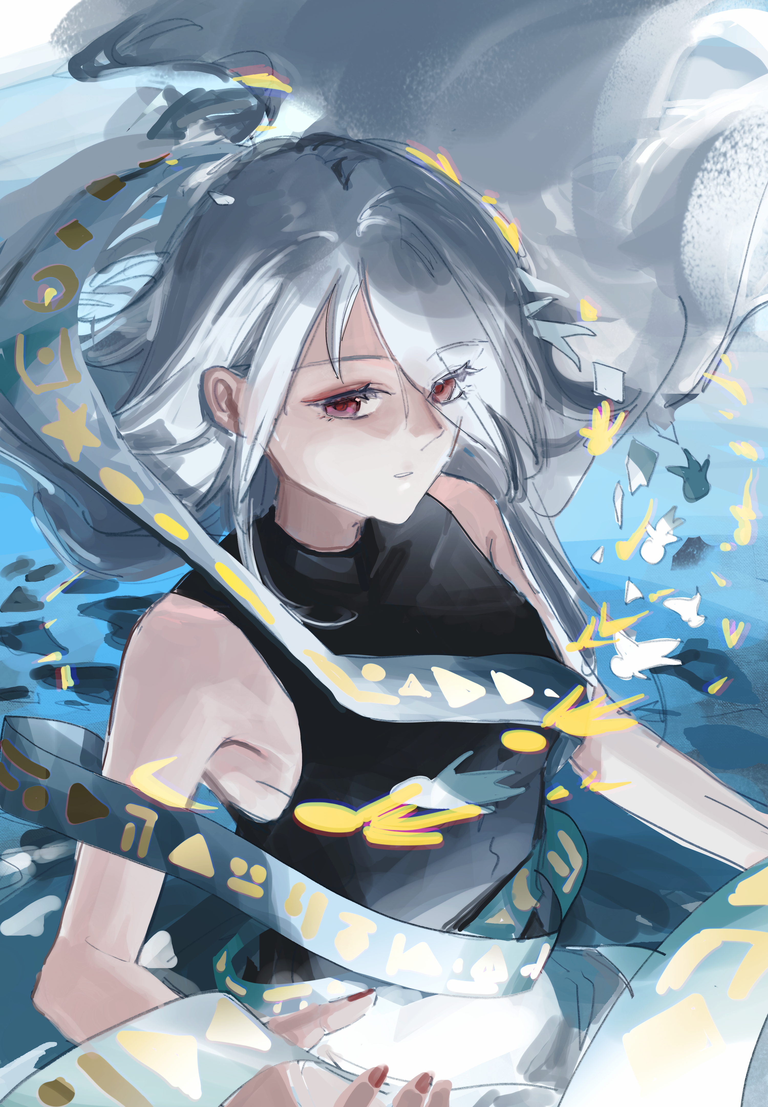 indis, yuiman asama, touhou, absurdres, chinese commentary, commentary request, highres, 1girl, bare shoulders, black shirt, expressionless, long hair, nail polish, red eyes, red nails, shirt, simple background, sleeveless, sleeveless shirt, solo, upper body, white hair
