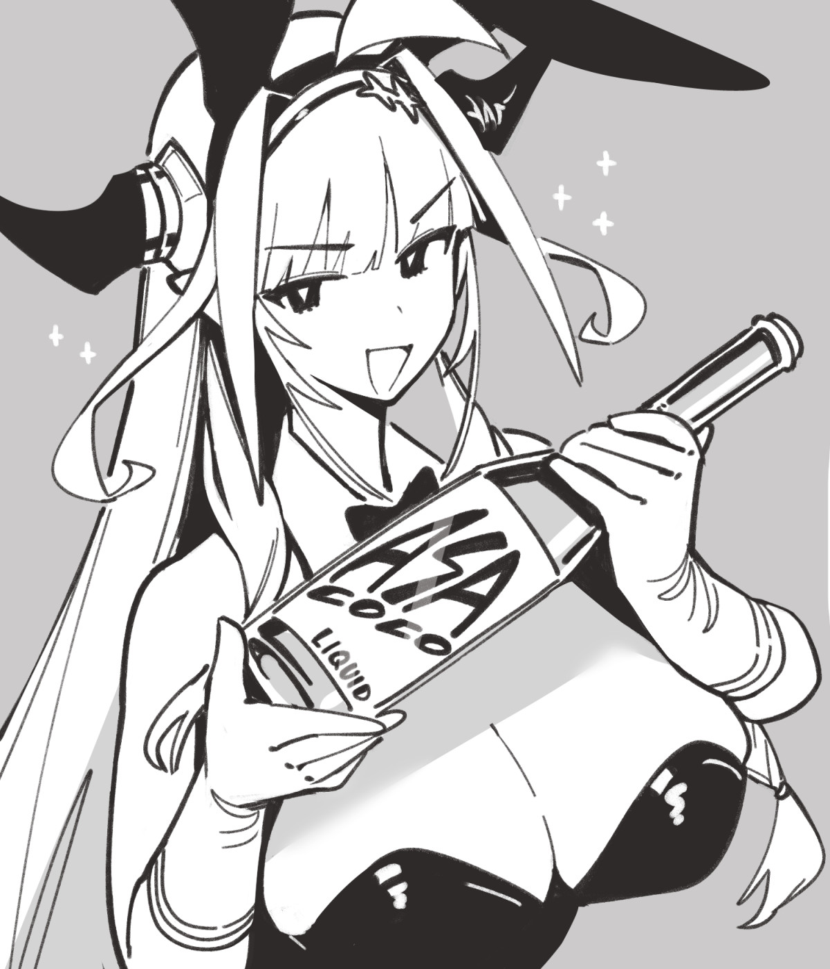 dismassd, kiryu coco, hololive, highres, 1girl, ahoge, alcohol, animal ears, asacoco, bare shoulders, black leotard, blush, bottle, bow, bowtie, breasts, cleavage, detached collar, diagonal-striped bow, dragon girl, dragon horns, fake animal ears, hairband, horn bow, horn ornament, horns, large breasts, leotard, liquor, long hair, looking at viewer, multicolored hair, open mouth, playboy bunny, pointy ears, rabbit ears, sitting, smile, solo, strapless, strapless leotard, streaked hair, striped bow, virtual youtuber, wrist cuffs