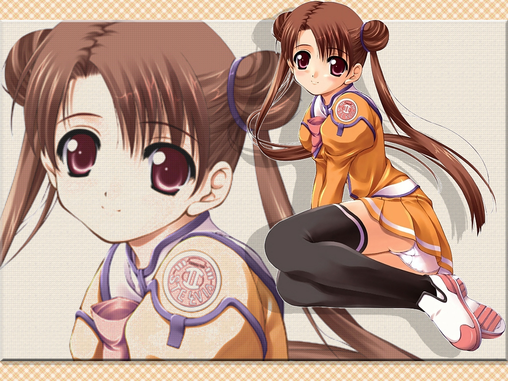 katase shima, uchuu no stellvia, 00s, 1girl, black thighhighs, brown eyes, brown hair, double bun, female focus, hair bun, long hair, miniskirt, orange shirt, panties, pantyshot, pleated skirt, school uniform, serafuku, shirt, shoes, sitting, skirt, solo, thighhighs, twintails, underwear, white panties, zoom layer