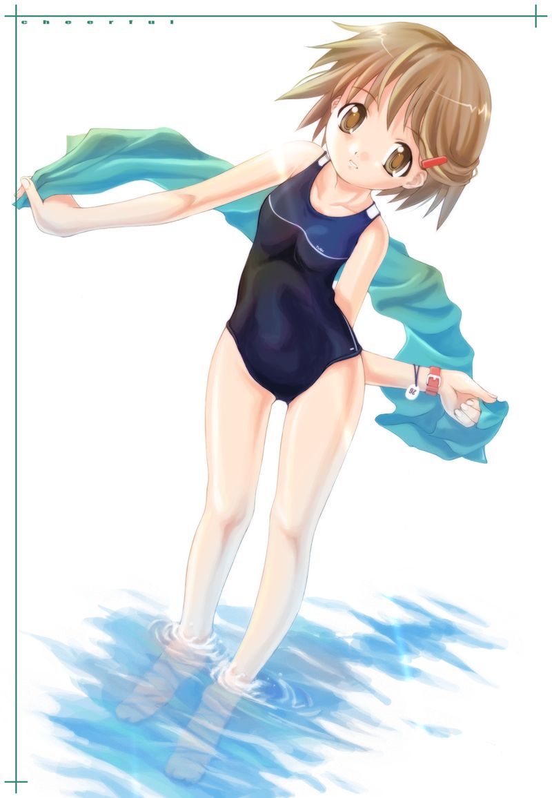 brown eyes, brown hair, hair ornament, hairclip, one-piece swimsuit, school swimsuit, short hair, solo, swimsuit, towel, water