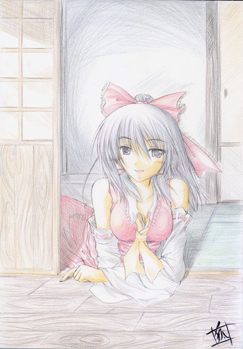 kirisaki byakko, hakurei reimu, touhou, colored pencil (medium), traditional media, 1girl, arm support, ascot, bare shoulders, black eyes, black hair, bow, breasts, collarbone, detached sleeves, female focus, hair bow, large breasts, light smile, long hair, long sleeves, looking at viewer, lying, on stomach, sketch, sliding doors, solo, straight hair, tatami, vest
