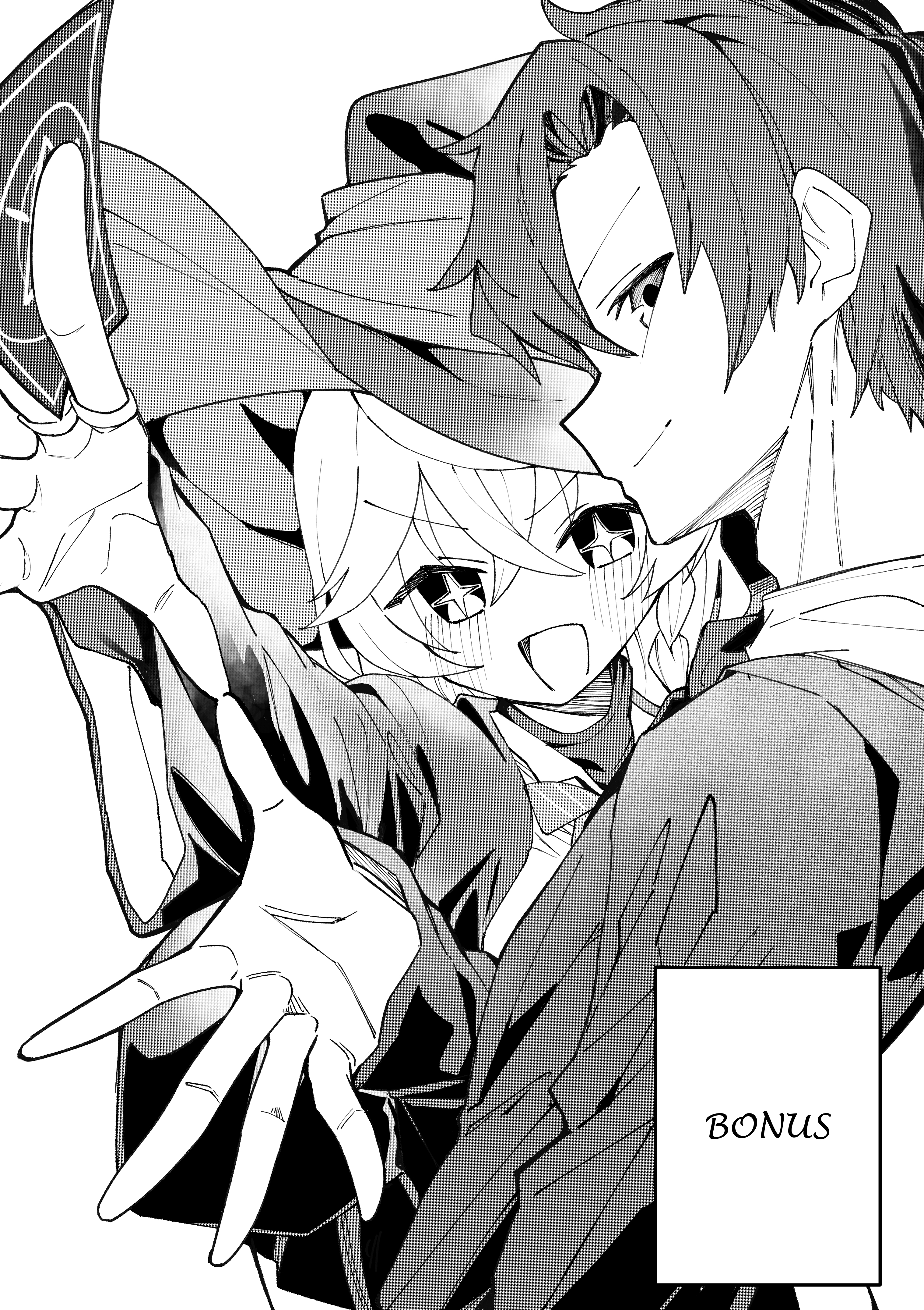 ahti, eri (blue archive), sensei (blue archive), sensei (blue archive the animation), blue archive, blue archive the animation, absurdres, commentary request, highres, 1boy, 1girl, :d, bow, bowtie, braid, braided sidelock, business casual, buttons, collared shirt, earrings, english text, greyscale, hair between eyes, halo, hat, jacket, jewelry, long hair, long sleeves, low ponytail, monochrome, necktie, open clothes, open jacket, open mouth, pleated skirt, ponytail, ring, school uniform, shirt, sidelocks, single braid, skirt, smile, turtleneck, turtleneck shirt, witch hat
