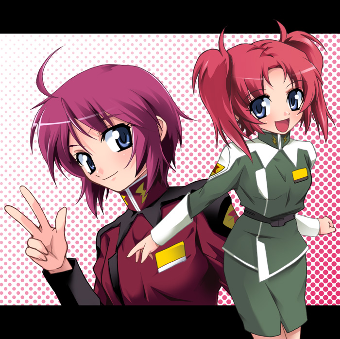 nippori, lunamaria hawke, meyrin hawke, gundam, gundam seed, gundam seed destiny, 00s, 2girls, :d, ahoge, blue eyes, blush, gradient background, hair between eyes, halftone, letterboxed, looking at viewer, looking back, multiple girls, open mouth, outstretched arms, parted bangs, pencil skirt, polka dot, polka dot background, purple hair, red hair, shirt, short hair, short twintails, siblings, sisters, skirt, smile, spread arms, standing, turtleneck, twintails, upper body, v
