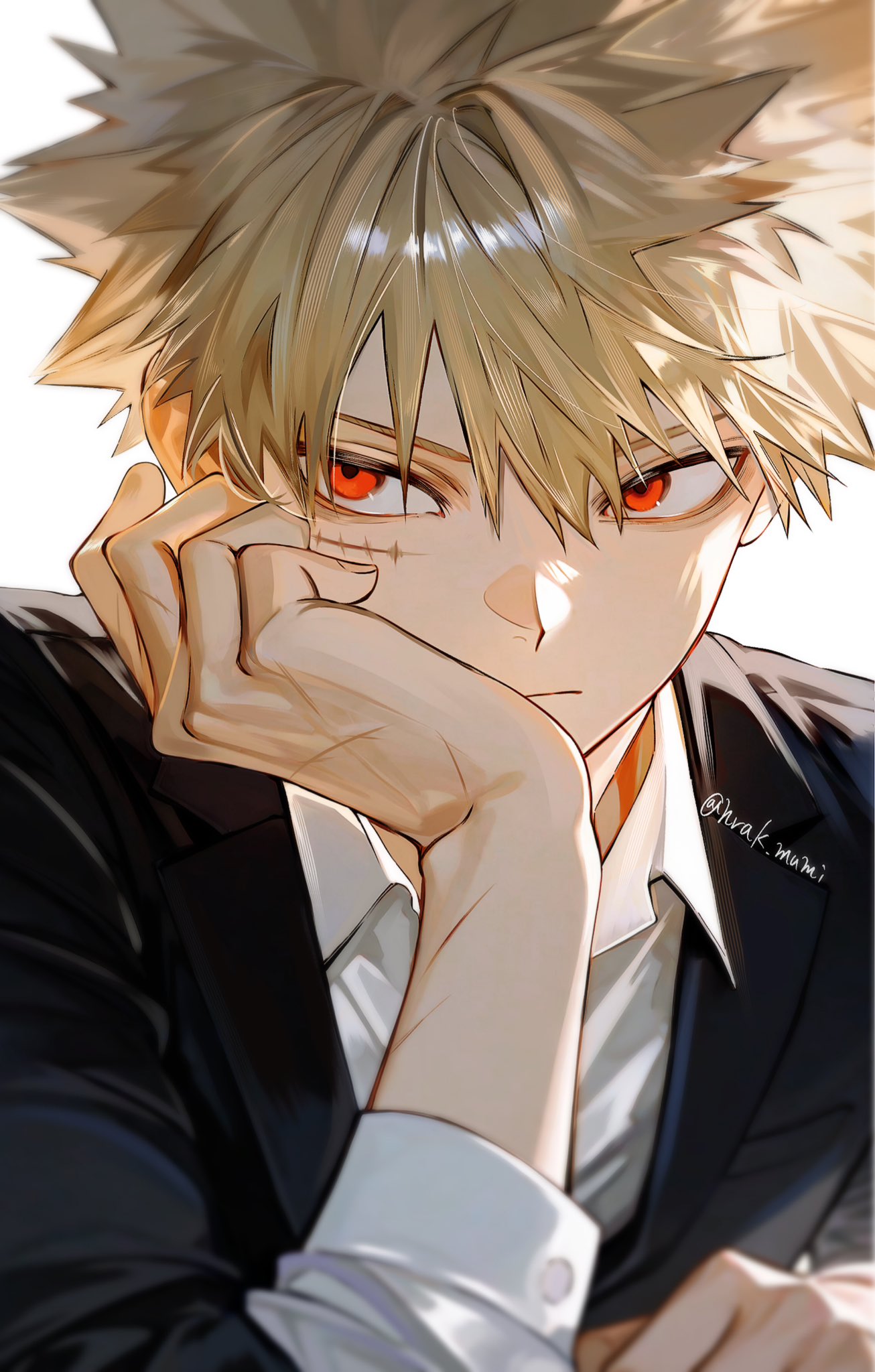 hrak mumi, bakugou katsuki, boku no hero academia, highres, 1boy, black jacket, blonde hair, collared shirt, facial scar, frown, hair between eyes, head on hand, jacket, male focus, red eyes, scar, scar on arm, scar on cheek, scar on face, scar on hand, shirt, short hair, solo, spiked hair, suit jacket, twitter username, upper body, white background, white shirt