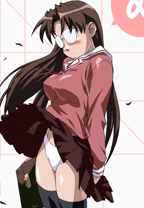 o/p.com, opocom, volvox, mizuhara koyomi, azumanga daiou, 1girl, bag, black thighhighs, blush, breasts, brown hair, covered erect nipples, embarrassed, female focus, glasses, large breasts, leaf, long hair, miniskirt, panties, pantyshot, pleated skirt, school bag, school uniform, serafuku, skirt, solo, standing, thighhighs, underwear, very long hair, white panties, wind, wind lift