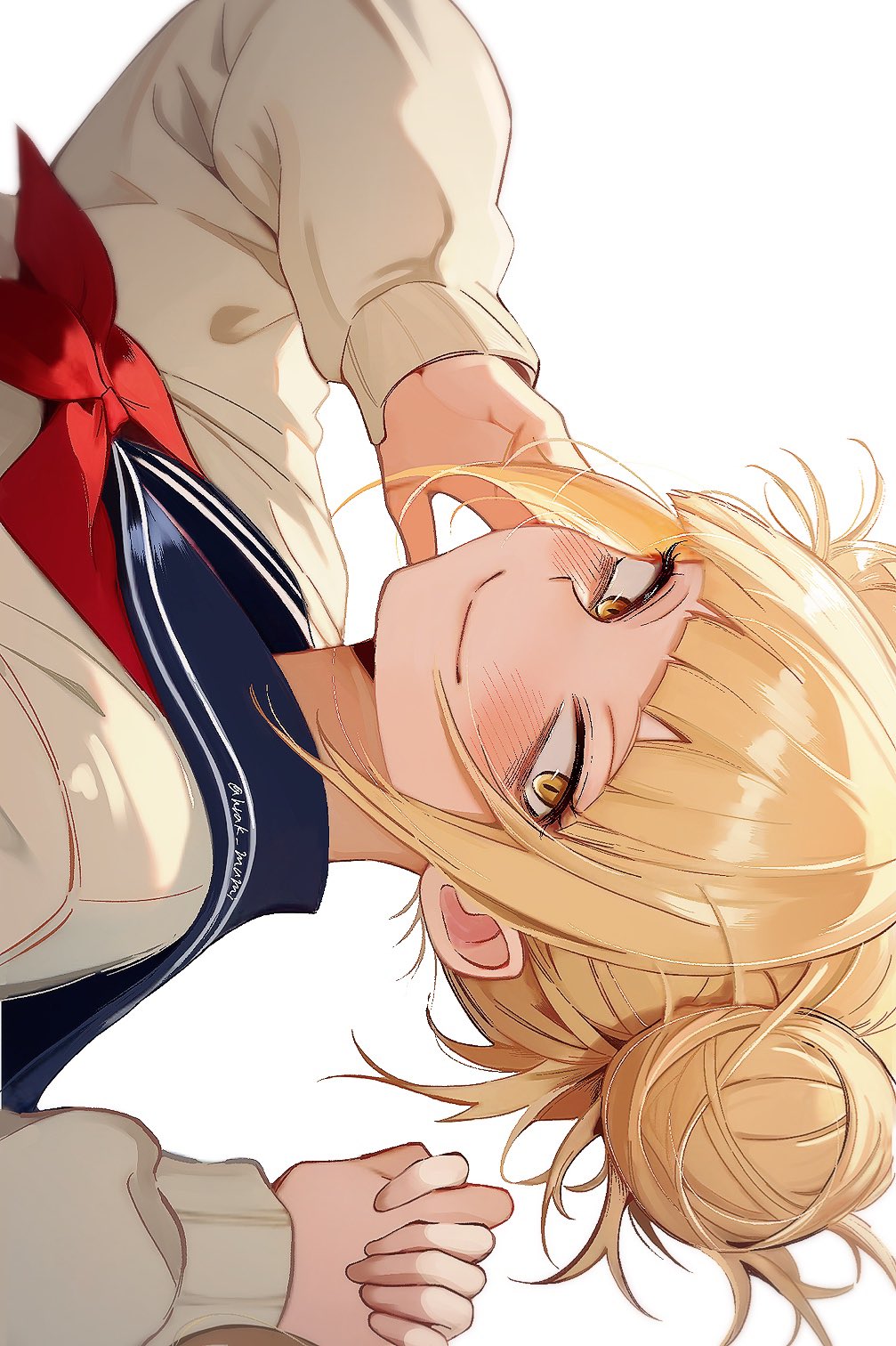 hrak mumi, toga himiko, boku no hero academia, highres, 1girl, bags under eyes, blonde hair, blue sailor collar, blunt bangs, blush, cardigan, closed mouth, double bun, hair bun, hand on own cheek, hand on own face, looking at viewer, messy hair, neckerchief, red neckerchief, sailor collar, school uniform, serafuku, sidelocks, slit pupils, smile, solo, upper body, white background, yellow cardigan, yellow eyes
