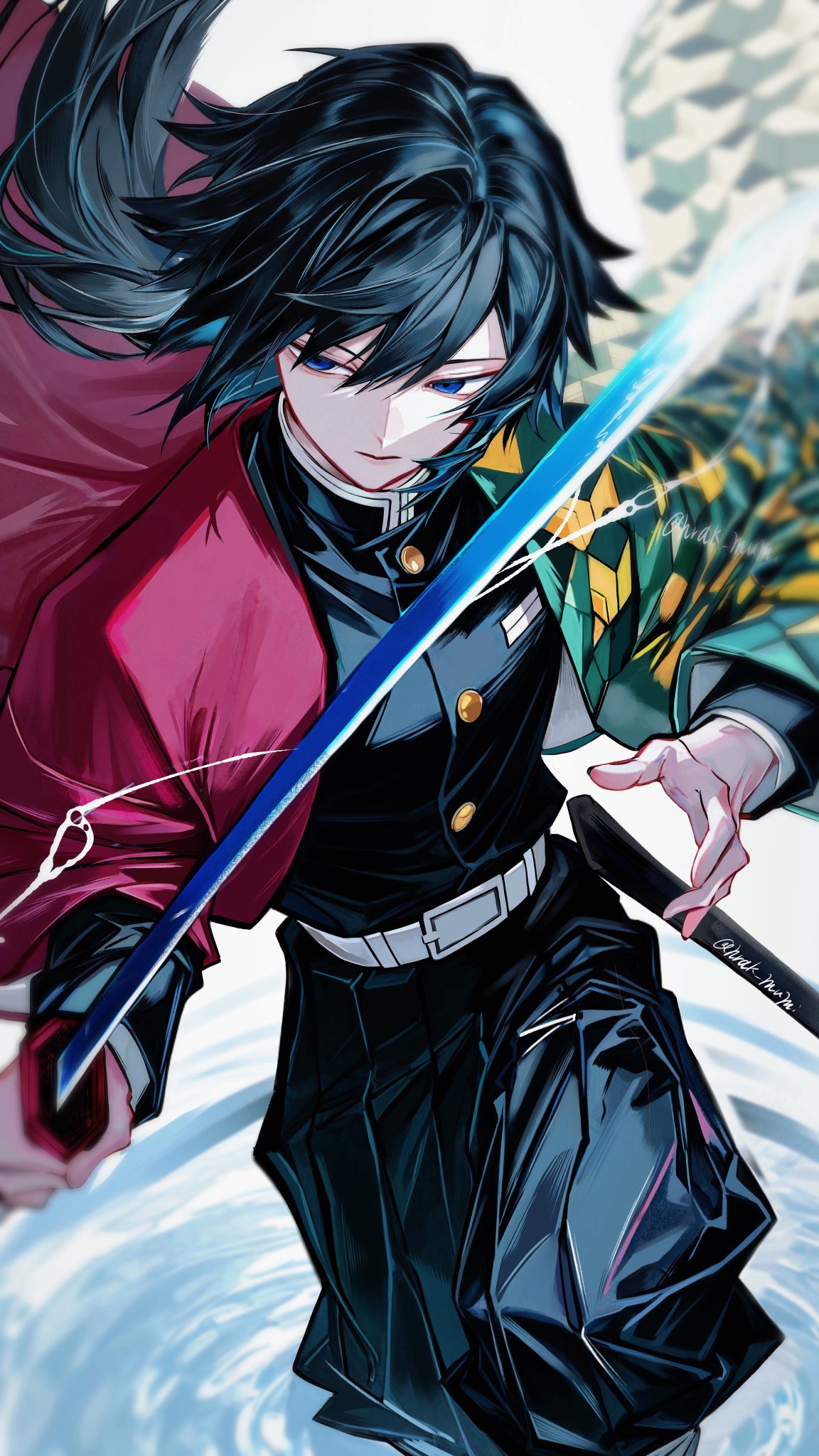 hrak mumi, tomioka giyuu, kimetsu no yaiba, highres, 1boy, belt, black hair, black hakama, black jacket, blue eyes, closed mouth, cowboy shot, demon slayer uniform, gold buttons, hair between eyes, hakama, haori, holding, holding sword, holding weapon, jacket, japanese clothes, long hair, low ponytail, male focus, ponytail, solo, spiked hair, sword, twitter username, weapon, white belt