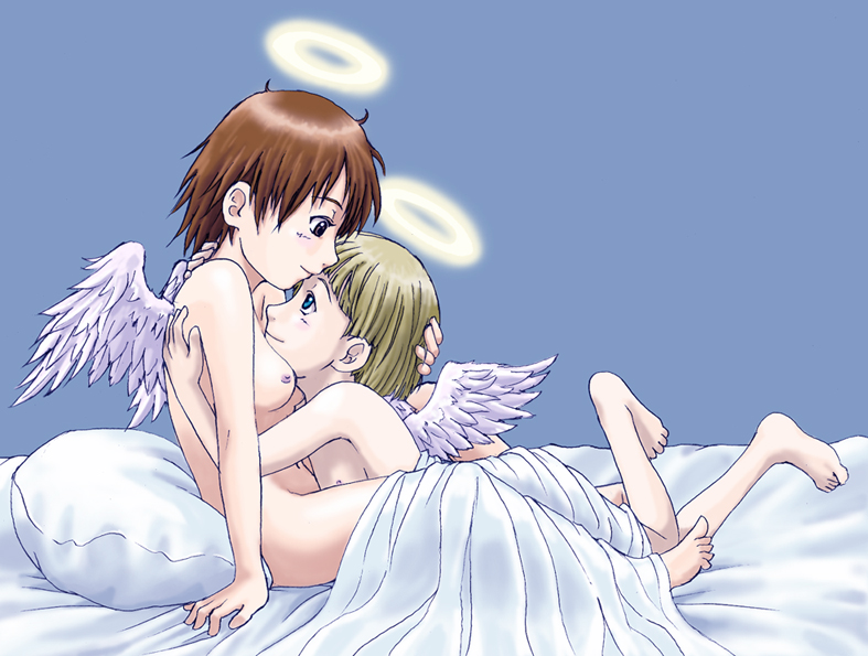 kuu (haibane), rakka (haibane), haibane renmei, 00s, 2girls, angel, barefoot, bed, bed sheet, breasts, feet, flat chest, halo, hand on another's head, hug, loli, multiple girls, naked sheet, nipples, nude, pillow, small breasts, soles, static cling, traditional halo, under covers, wings, yuri