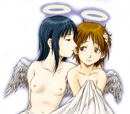 rakka (haibane), reki (haibane), haibane renmei, biting ear, lowres, 00s, 2girls, angel, bed sheet, biting, black hair, breasts, brown eyes, brown hair, halo, multiple girls, nipples, small breasts, static cling, traditional halo, under covers, wings, yuri