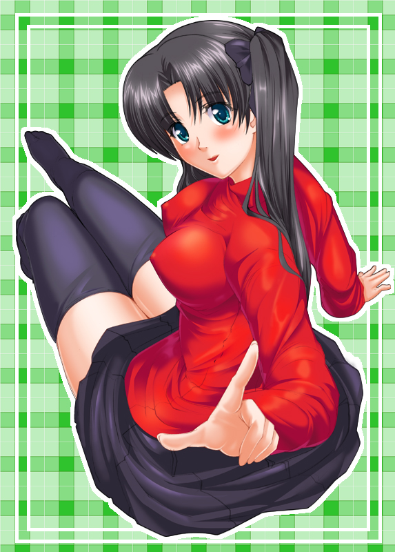 miyabi kozou, tohsaka rin, fate/stay night, fate (series), 00s, 1girl, black thighhighs, blouse, breasts, covered erect nipples, female focus, large breasts, outside border, parted bangs, red shirt, shirt, solo, thighhighs, turtleneck