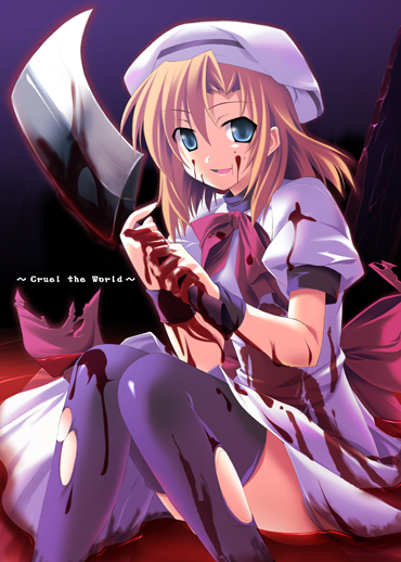 hinata mutsuki, p-drops, ryuuguu rena, higurashi no naku koro ni, 00s, 1girl, beret, billhook, blood, blood on clothes, blood on face, blood on hands, bloody weapon, blue eyes, dress, english text, female focus, hair intakes, hashitsuki nata, hat, hatchet, knees together feet apart, nata (tool), orange hair, purple thighhighs, short hair, sitting, smile, solo, submerged, thighhighs, torn clothes, torn thighhighs, turtleneck, weapon, wristband