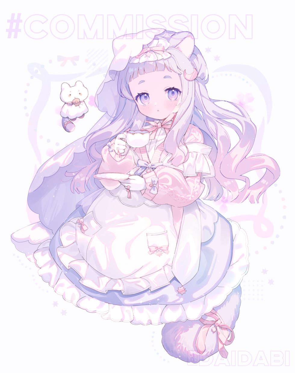 d omm, original, character request, check character, check copyright, commission, copyright request, highres, skeb commission, 1girl, apron, closed mouth, cup, dress, hime cut, lolita fashion, long hair, long sleeves, looking at viewer, plate, simple background, skirt, solo, white hair