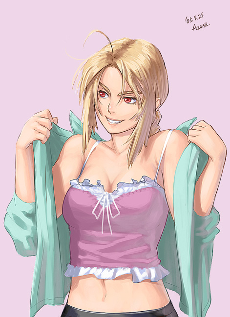 azusa (hws), original, 1girl, ahoge, blonde hair, braid, camisole, casual, female focus, grin, red eyes, single braid, smile, solo
