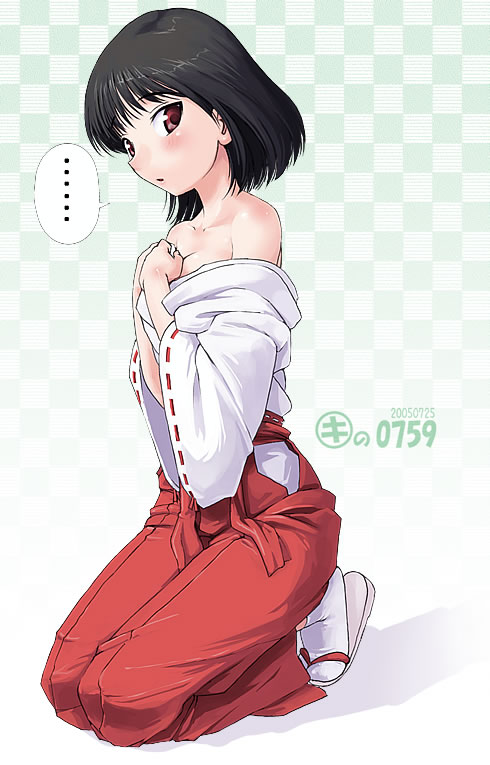 kei jiei, tsukamoto yakumo, school rumble, …, 00s, 1girl, bare shoulders, checkered background, dated, female focus, hakama, hakama skirt, japanese clothes, kimono, miko, off shoulder, red hakama, sandals, skirt, solo, speech bubble, spoken ellipsis, tabi, zouri