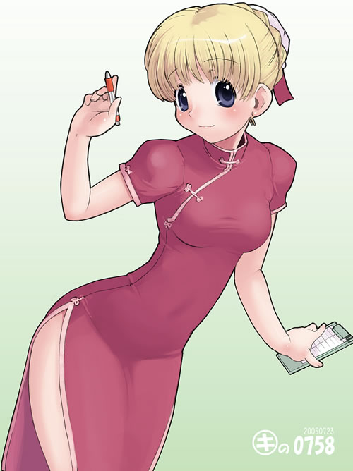 kei jiei, sarah adiemus, school rumble, 00s, 1girl, 2005, blonde hair, bun cover, china dress, chinese clothes, clipboard, dress, female focus, gradient background, hair bun, head tilt, holding, looking at viewer, pen, purple eyes, short hair, side slit, simple background, solo, thighs