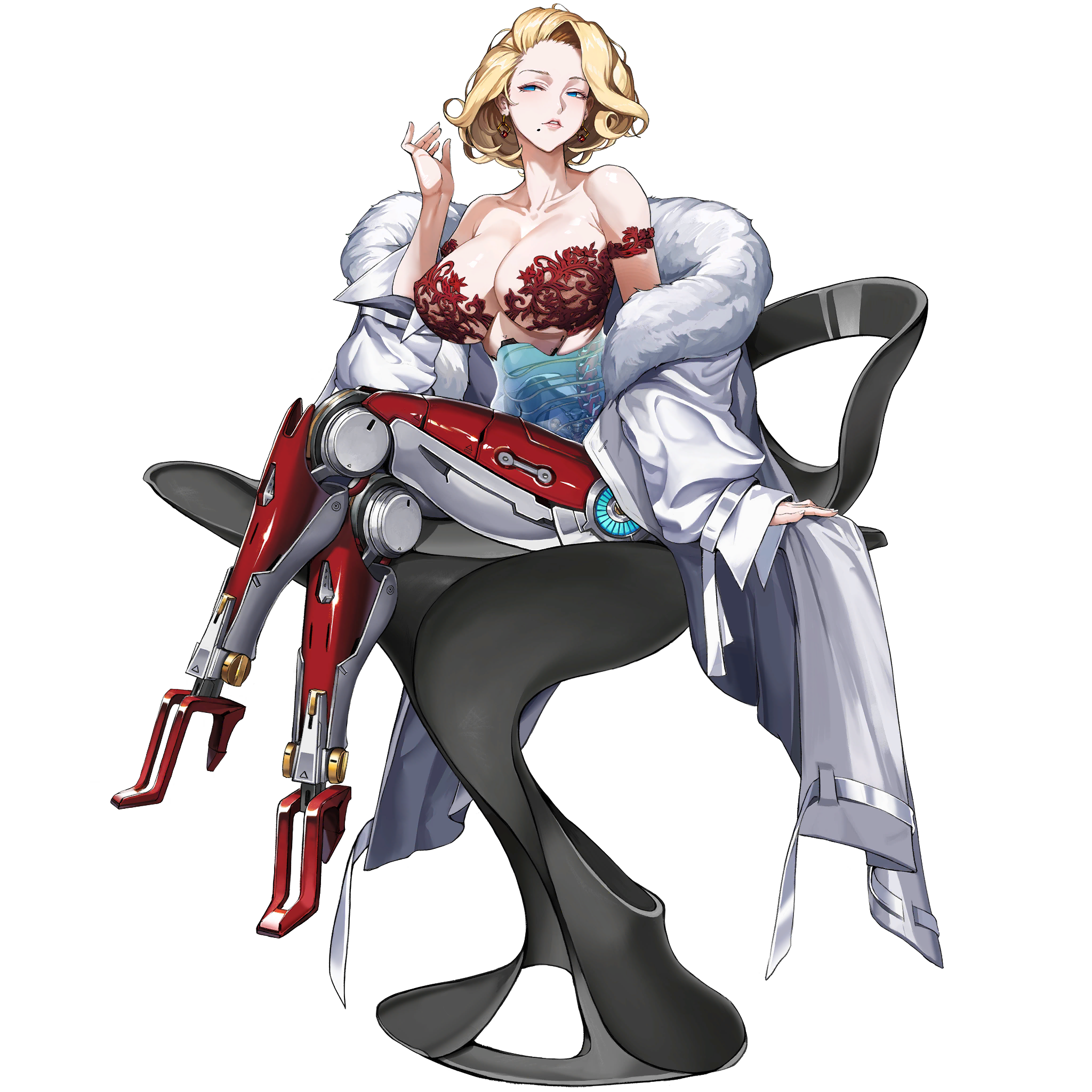 lemonade zeta, last origin, artist request, highres, 1girl, android, bare shoulders, blonde hair, blue eyes, bra, breasts, chair, cleavage, coat, collarbone, crossed legs, earrings, empty eyes, full body, fur-trimmed coat, fur trim, huge breasts, jewelry, joints, lace, lace bra, looking to the side, mechanical legs, mole, mole under mouth, on chair, parted lips, robot joints, see-through body, short hair, sitting, solo, spine, tachi-e, transparent background, underwear, white coat