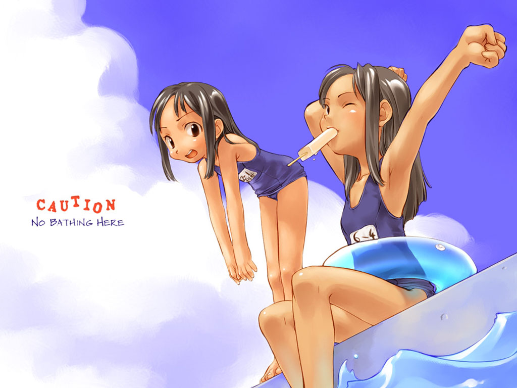 2girls, armpits, arms up, black hair, brown eyes, cloud, day, english text, food, innertube, mouth hold, multiple girls, name tag, one-piece swimsuit, one eye closed, outdoors, pool, poolside, popsicle, school swimsuit, sitting, soaking feet, stretching, swim ring, swimsuit, tan, wink