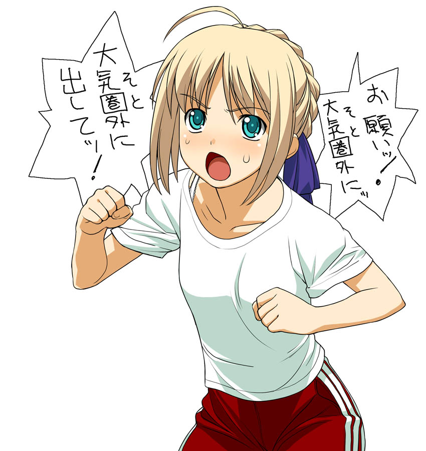 a1 (initial-g), artoria pendragon (fate), saber (fate), fate/stay night, fate (series), translation request, 00s, 1girl, alternate costume, female focus, gym uniform, simple background, solo, speech bubble