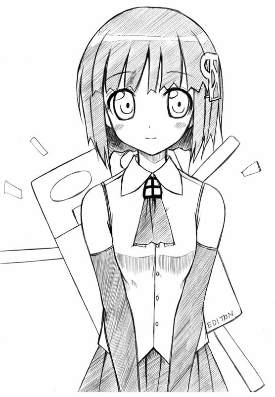 98-tan, os-tan, tagme, 1girl, blunt bangs, bob cut, female focus, greyscale, monochrome, simple background, solo, white background