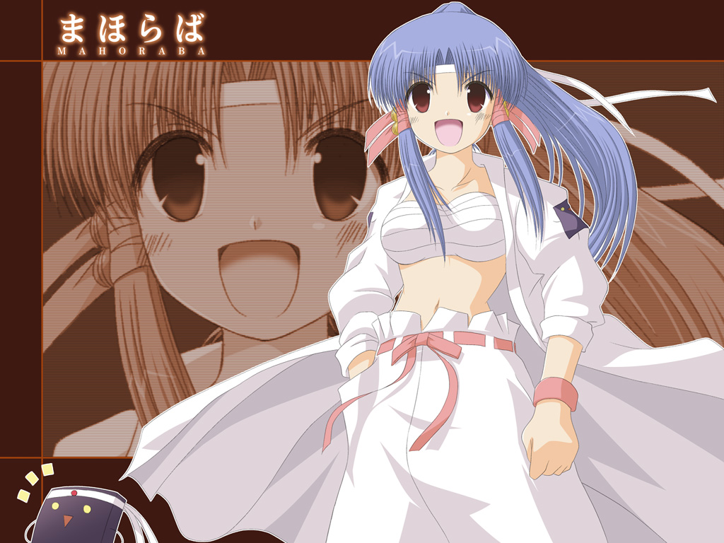akasaka saki, aoba kozue, mahoraba, 00s, 1girl, banchou, blue hair, borrowed character, bousouzoku, bow, coat, delinquent, female focus, fictional persona, long hair, navel, open mouth, pink bow, ponytail, red eyes, sarashi, sleeves rolled up, solo, tokkoufuku, zoom layer