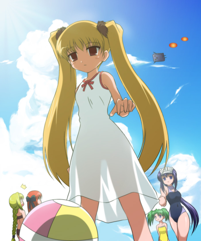 tachibanakoharu, asagi michiyo, kurosaki asami, matsuba satsuki, minazuki mahiru, tachibana (mahoraba), mahoraba, 00s, 5girls, ^^^, arms behind back, ball, bare shoulders, beach, beachball, bikini, borrowed character, braid, casual one-piece swimsuit, cloud, day, dutch angle, empty eyes, fictional persona, flying, green hair, light rays, maid headdress, motion blur, multiple girls, one-piece swimsuit, ponytail, running, silhouette, single braid, sky, sunbeam, sunlight, swimsuit
