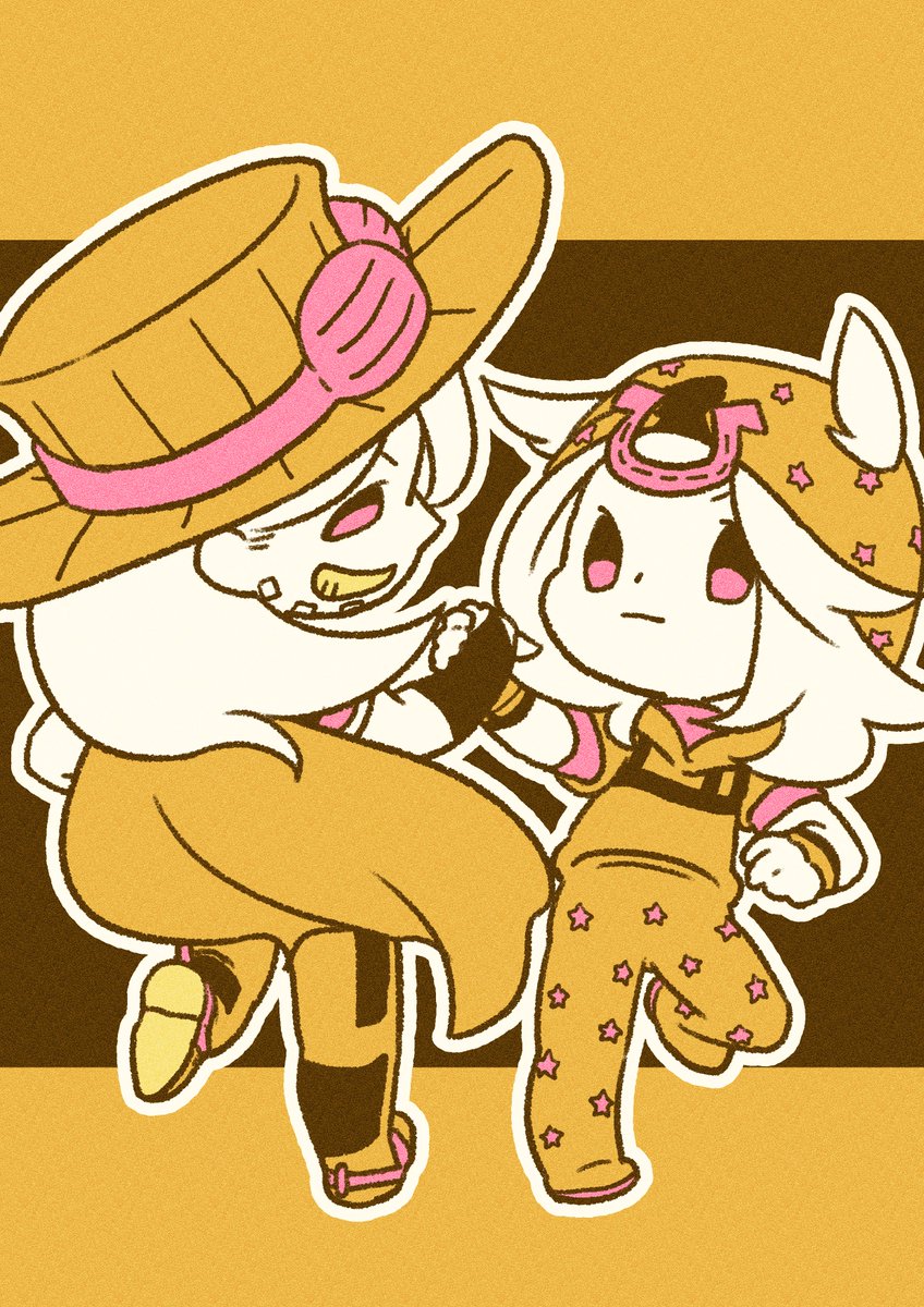 m a a m 8, gyro zeppeli, johnny joestar, jojo no kimyou na bouken, steel ball run, commentary, highres, symbol-only commentary, 2boys, beard, bridal gauntlets, cape, chibi, chibi only, cowboy hat, dancing, facial hair, goggles, goggles on headwear, grin, hat, holding hands, hood, hood down, hoodie, horseshoe hat ornament, horseshoe ornament, limited palette, long hair, male focus, multiple boys, smile, soles, spurs, star (symbol), star print, teeth, yellow theme