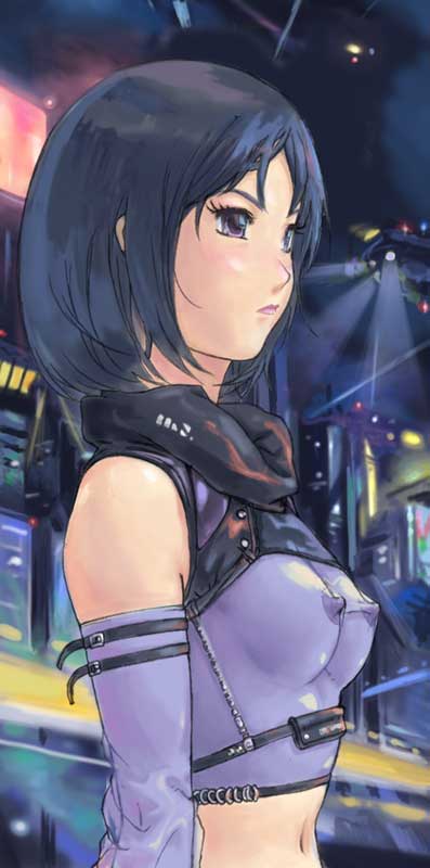 carina (xiaowoo), future, 1girl, black hair, bodypaint, breasts, city, covered erect nipples, detached sleeves, fashion, female focus, from side, gloves, helicopter, lipstick, makeup, midriff, nipples, outdoors, parted bangs, police helicopter, purple eyes, revealing clothes, science fiction, see-through clothes, serious, short hair, small breasts, solo, strappy