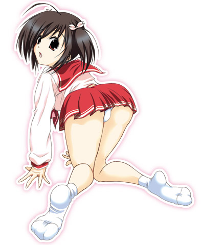 yuzuhara konomi, to heart (series), to heart 2, lowres, 00s, 1girl, all fours, ass, brown eyes, brown hair, female focus, full body, hair ribbon, legs, looking back, miniskirt, panties, pleated skirt, ribbon, school uniform, serafuku, short twintails, skirt, socks, solo, twintails, underwear, white background, white panties