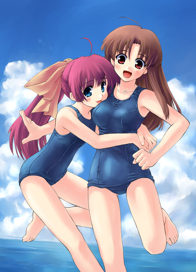 makita yoshiharu, 2girls, :p, ahoge, beach, blue eyes, bow, brown eyes, brown hair, cloud, day, happy, holding, large bow, long hair, multiple girls, one-piece swimsuit, outdoors, pink hair, ponytail, school swimsuit, swimsuit, tongue, tongue out