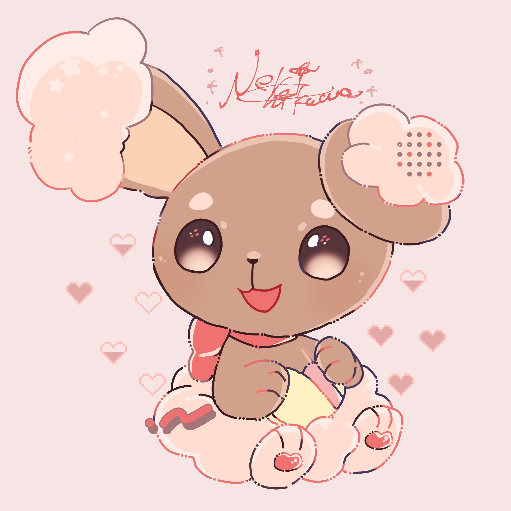 banchiku, buneary, nintendo, pokemon, highres, brown eyes, gen 4 pokemon, heart, no humans, open mouth, pink background, pokemon (creature), rabbit, ribbon, simple background, smile, solo