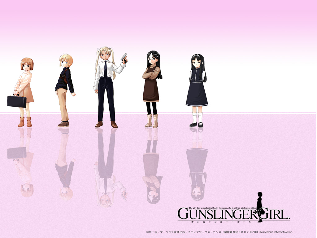 angelica (gunslinger girl), claes, henrietta (gunslinger girl), rico (gunslinger girl), triela, gunslinger girl, 00s, 5girls, blonde hair, bob cut, instrument case, multiple girls, pantyhose, reflection
