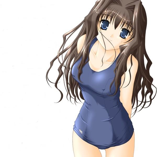misaka kaori, kanon, black hair, blue eyes, blue one-piece swimsuit, covered erect nipples, hair between eyes, hair intakes, one-piece swimsuit, school swimsuit, simple background, solo, swimsuit, white background