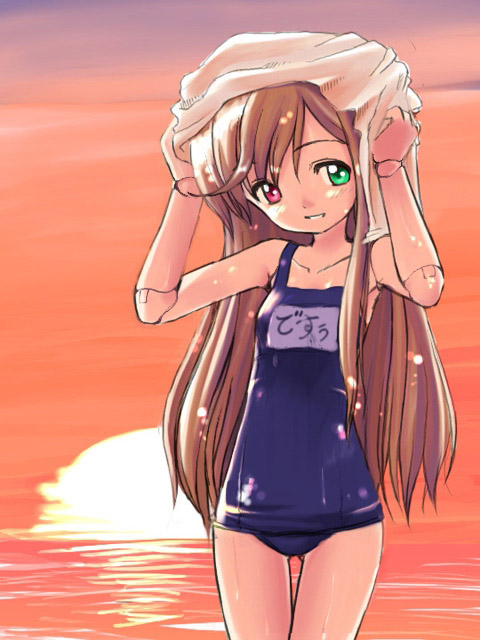 suiseiseki, rozen maiden, desu, 00s, 1girl, doll joints, female focus, heterochromia, joints, long hair, name tag, one-piece swimsuit, school swimsuit, solo, swimsuit, very long hair, wet