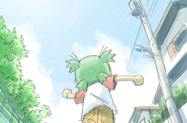 azuma kiyohiko, koiwai yotsuba, yotsubato!, 1girl, blue sky, child, cloud, day, female focus, from behind, from below, green hair, outdoors, quad tails, raglan sleeves, running, sketch, sky, solo, utility pole