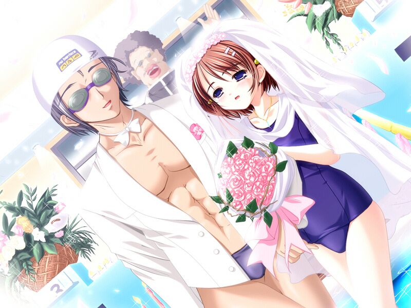 shimano kanata, shimano maho, sukumizu ~fecchi ni narumon!~, game cg, 1boy, 1girl, blush, bow, bowtie, bridal veil, bride, brown hair, clothes writing, dress, flower, goggles, groom, hair ornament, hairclip, old school swimsuit, one-piece swimsuit, open clothes, open mouth, purple eyes, purple hair, rose, school swimsuit, swimsuit, veil, wedding, wedding dress, what