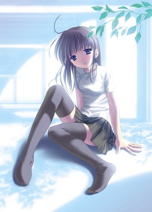 goto p, black legwear, tagme, ahoge, casual, grey thighhighs, thighhighs