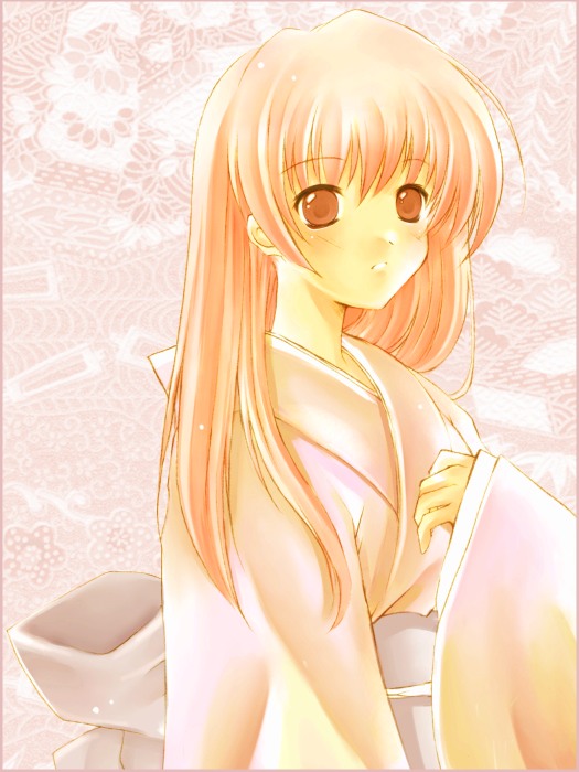 1girl, female focus, japanese clothes, kimono, obi, pink hair, red eyes, sash, solo