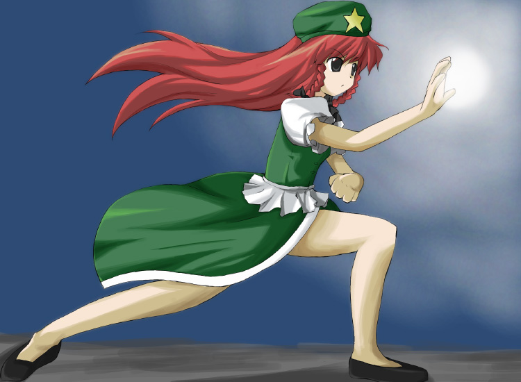 nodoka (artist), hong meiling, immaterial and missing power, touhou, 1girl, blue eyes, bow, braid, china dress, chinese clothes, dress, female focus, fighting stance, hair bow, hat, long hair, red hair, solo, star (symbol), twin braids