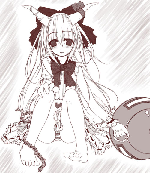 yumesato makura, ibuki suika, touhou, 1girl, barefoot, feet, female focus, full body, monochrome, panties, pantyshot, sitting, solo, striped clothes, striped panties, underwear, white background