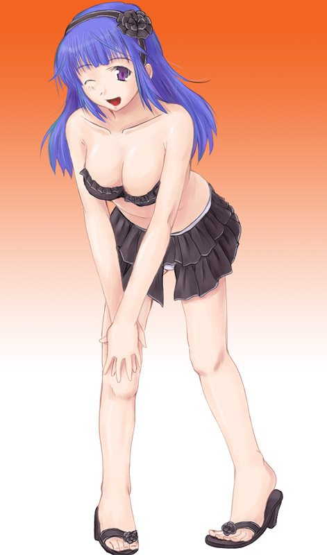 otsutama takashi, arin (pangya), pangya, 1girl, blue hair, breasts, cleavage, collarbone, female focus, hairband, high heels, long hair, one eye closed, purple eyes, shoes, skirt, smile, solo, wink