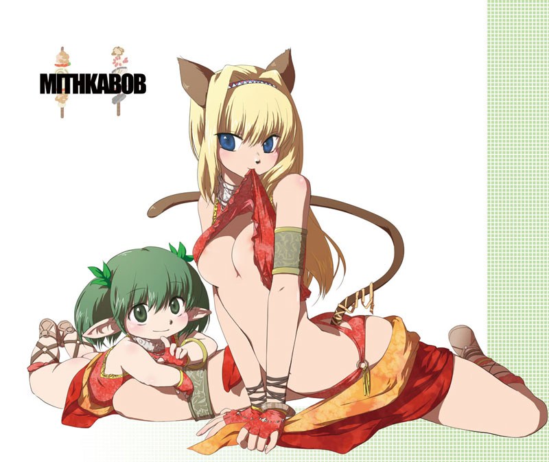 toroshio, mithra (ff11), final fantasy, final fantasy xi, 00s, 2girls, animal ears, armlet, bare shoulders, blonde hair, blue eyes, blush, cat ears, cat girl, cat tail, clothes lift, green hair, jewelry, midriff, mouth hold, multiple girls, shirt lift, tail, tarutaru