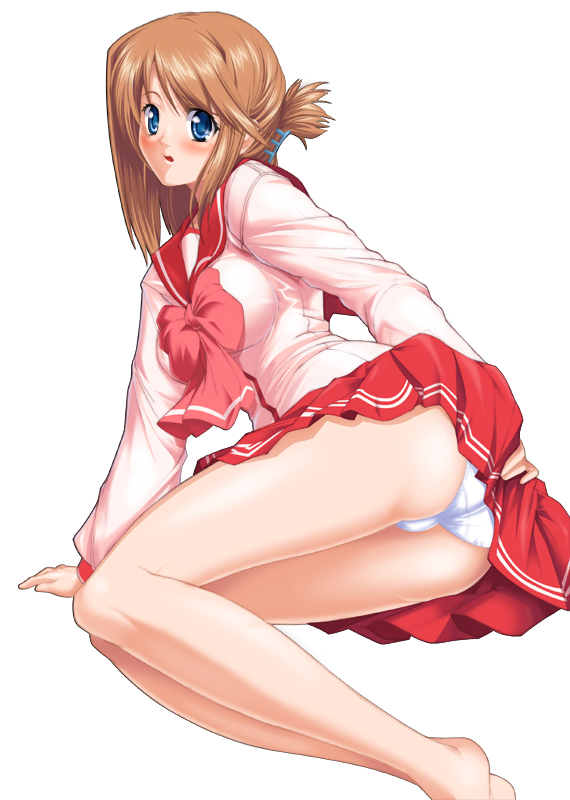 miyabi kozou, komaki manaka, to heart (series), to heart 2, 00s, 1girl, ass, clothes pull, female focus, folded ponytail, leaning, legs, long legs, lying, miniskirt, on side, panties, pantyshot, pleated skirt, school uniform, serafuku, skirt, skirt pull, solo, underwear, white panties