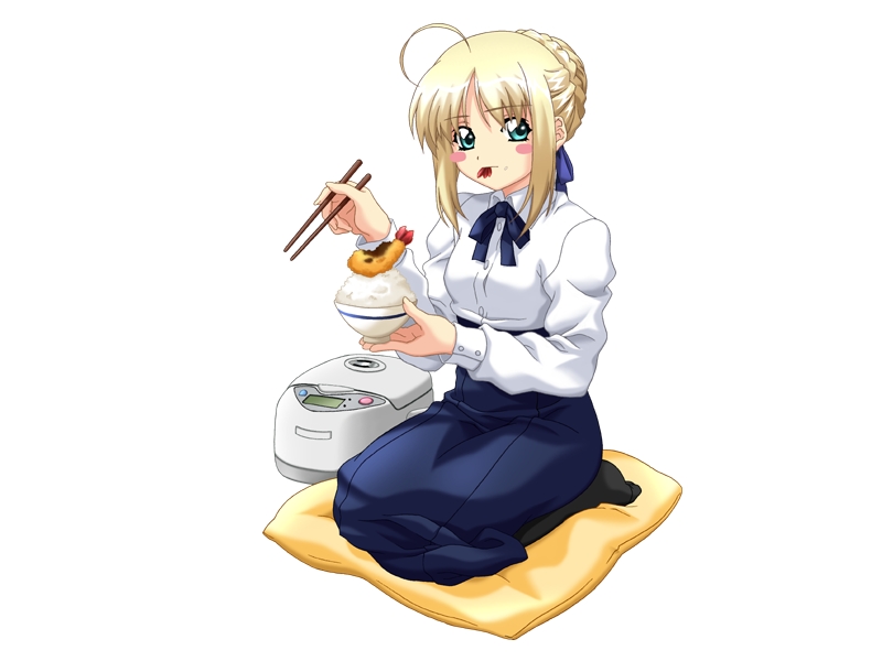 artoria pendragon (fate), saber (fate), fate/stay night, fate (series), 00s, 1girl, ahoge, blonde hair, blouse, bowl, braid, crustacean, dress, eating, female focus, food, kneeling, pantyhose, rice, rice bowl, rice cooker, shirt, shrimp, shrimp tempura, sitting, solo, tempura, thighhighs, white shirt