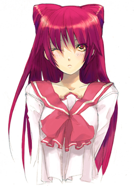 amamiya ten'ya, kousaka tamaki, to heart (series), to heart 2, lowres, 00s, frown, one eye closed, red hair, school uniform, serafuku, simple background, solo, white background, wink